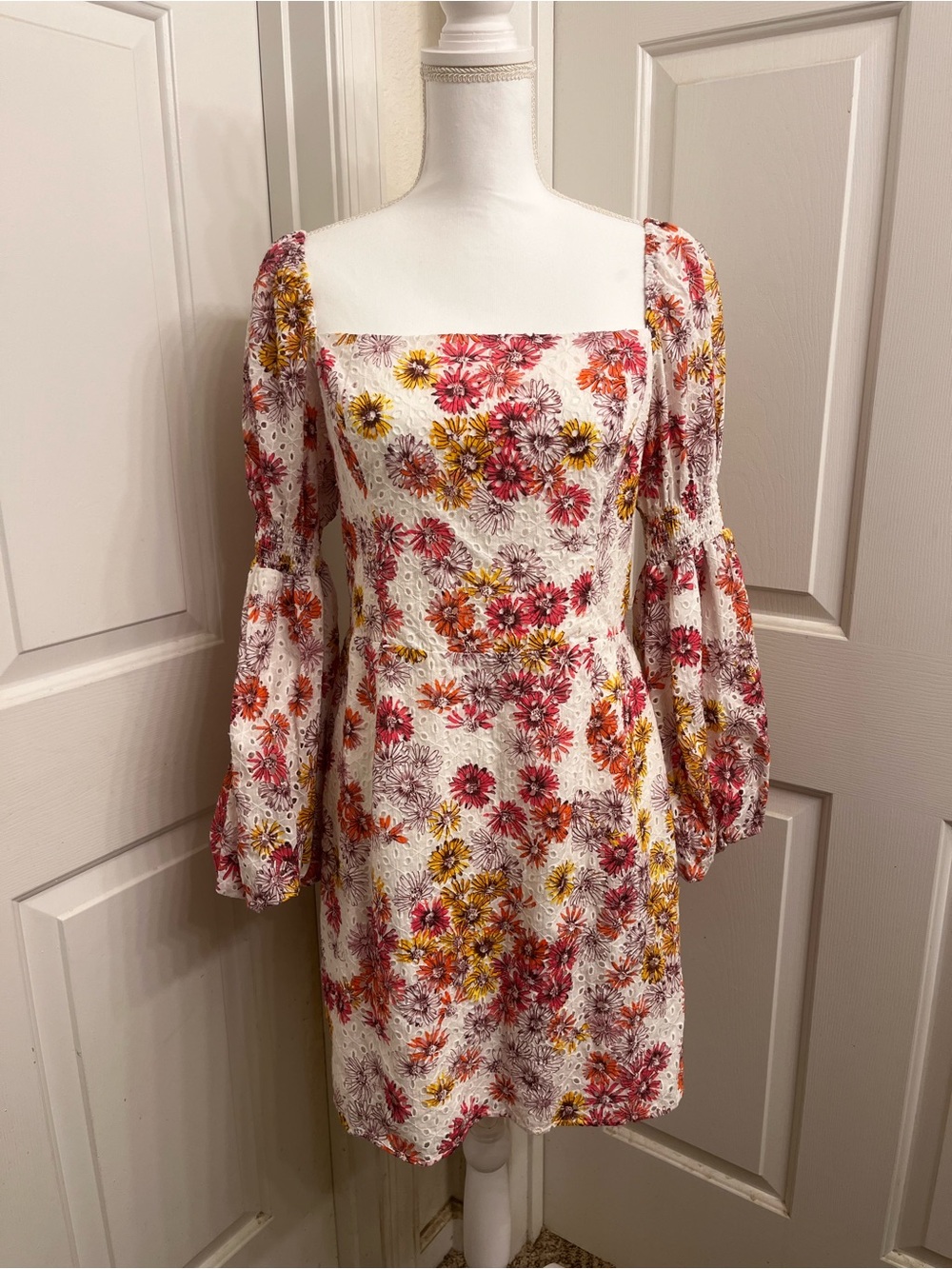 Wayf Floral Square-Neck Mini Dress in White, Pink & Yellow